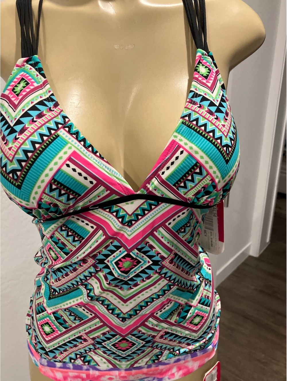 NWT Women's Geometric Pattern Tankini Swim Top with Strappy Back